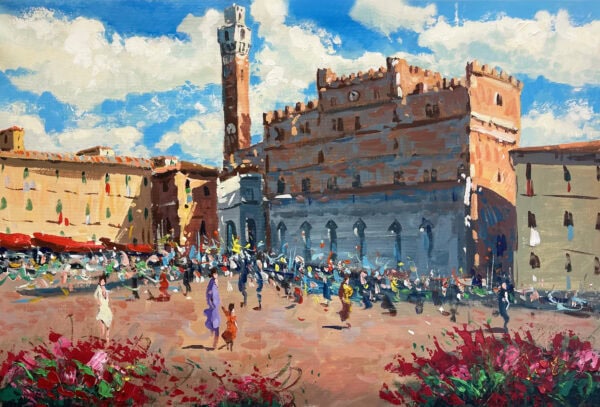 Siena oil painting on canvas depicting Piazza del Campo and Palazzo Pubblico under a blue sky. Heavy impasto palette knife technique with vibrant crowd, historic buildings, and red flowers.