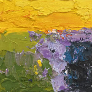 Abstract oil painting on canvas showing a modern Tuscan landscape. Heavy impasto palette knife technique with bold layers of bright yellow sky, olive green fields, and rich purple floral accents.