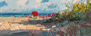 Summer beach oil painting on canvas showing a sunny Italian coastline. Heavy impasto palette knife texture with golden sand, red beach umbrella, turquoise sea, and green dunes.