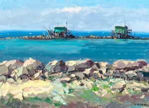 An impressionist coastal oil painting of Fishing Huts at Bocca d'Arno painted en plein air on canvas. Features rich impasto textures, vivid turquoise sea, rustic green huts, and rocky shore created with a palette knife by Agostino Veroni.