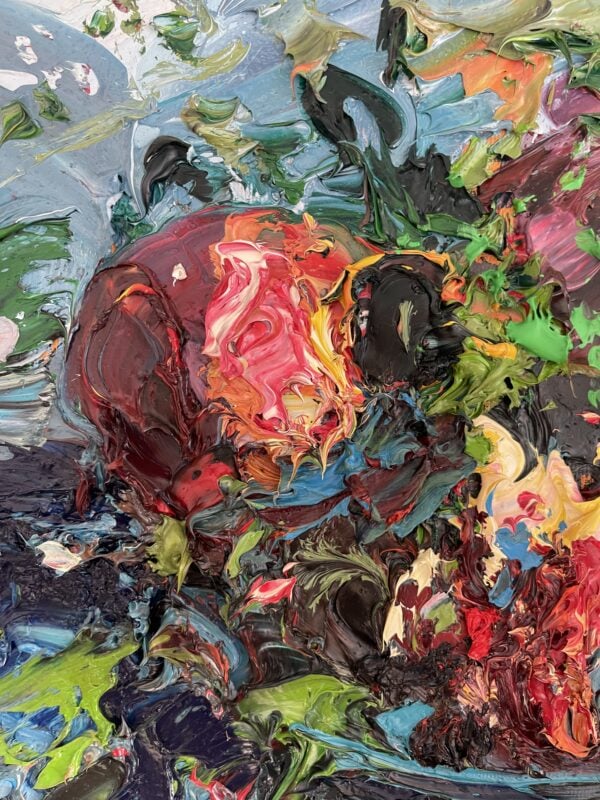 Pomegranate oil painting on canvas detail highlighting a single ripe fruit. Expressive palette knife impasto in vibrant crimson red, bright pink, green, and deep blue accents.