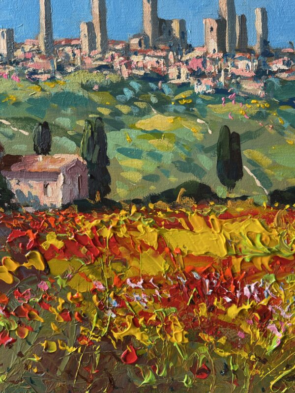 Close-up of thick palette knife texture and red poppy details in a San Gimignano oil painting by Agostino Veroni.