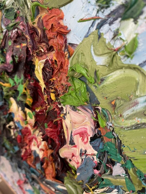 Pomegranate oil painting on canvas close-up showing heavy impasto texture. Thick palette knife strokes in rich crimson red, olive green, and soft pink tones.