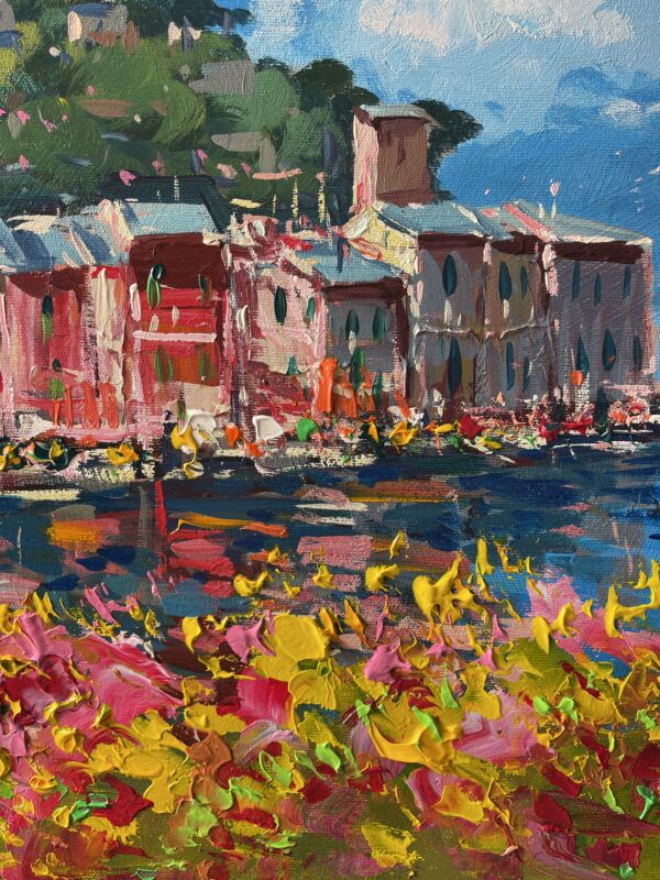 Close-up of thick oil paint textures and vibrant flowers in a Portofino landscape painting by Agostino Veroni.