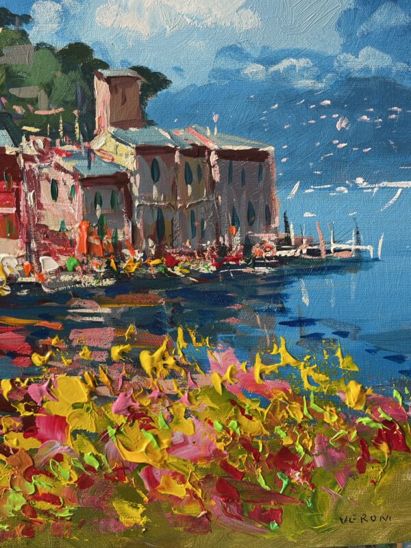 Detail of coastal houses and turquoise sea reflections in a Portofino oil painting on canvas by Agostino Veroni.