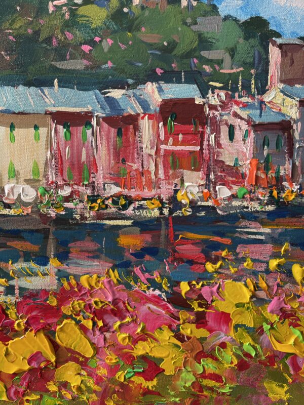 Detail of rich palette knife texture and vibrant flowers in a Portofino oil painting on canvas by Agostino Veroni.