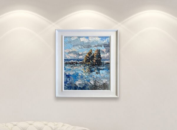 Framed seascape oil painting on canvas by Agostino Veroni. Impressionist marine artwork in a white frame, hanging on a light wall under soft gallery spotlights.