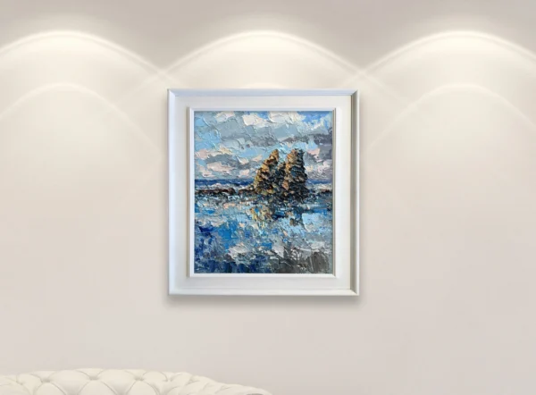Framed seascape oil painting on canvas by Agostino Veroni. Impressionist marine artwork in a white frame, hanging on a light wall under soft gallery spotlights.