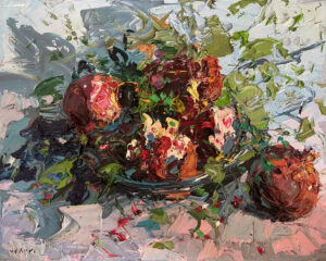 Pomegranate oil painting on canvas depicting ripe crimson fruit with green leaves. Heavy impasto palette knife technique with rich dark red, blush pink, and grey palette knife strokes.