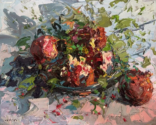 Pomegranate oil painting on canvas depicting ripe crimson fruit with green leaves. Heavy impasto palette knife technique with rich dark red, blush pink, and grey palette knife strokes.
