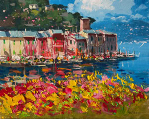 Original Portofino oil painting on canvas showing colorful houses reflecting on turquoise sea water by Agostino Veroni.