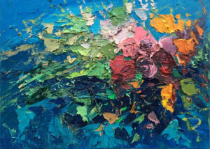 Roses oil painting on canvas by Agostino Veroni. Impressionist modern artwork crafted with heavy palette knife impasto, featuring red, pink, and yellow roses on a turquoise and deep blue background.