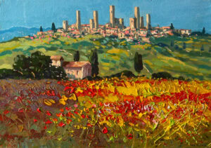 Original oil painting on canvas of San Gimignano skyline from a vivid poppy and lavender field.