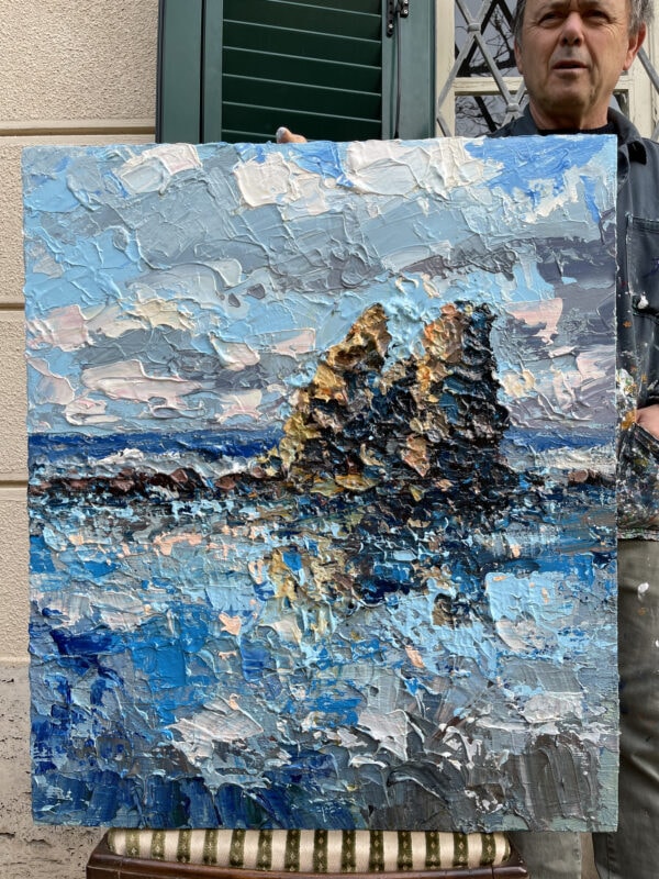 Seascape oil painting on canvas held by Italian artist Agostino Veroni. Textured marine artwork with heavy impasto sea stacks, blue waves, and cloudy sky.