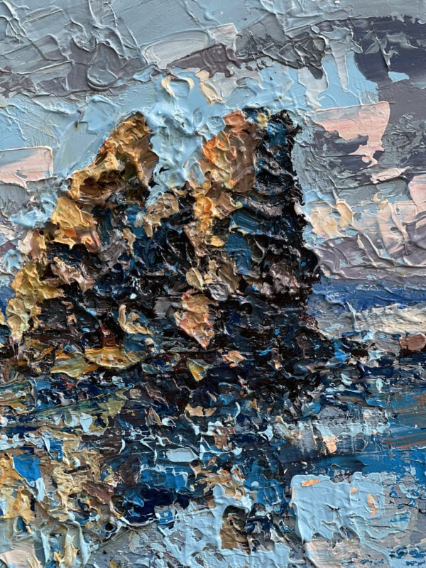 Close-up of seascape oil painting on canvas by Agostino Veroni. Heavy impasto palette knife detail showing vertical sea stacks with ochre, dark brown, and blue water reflections.