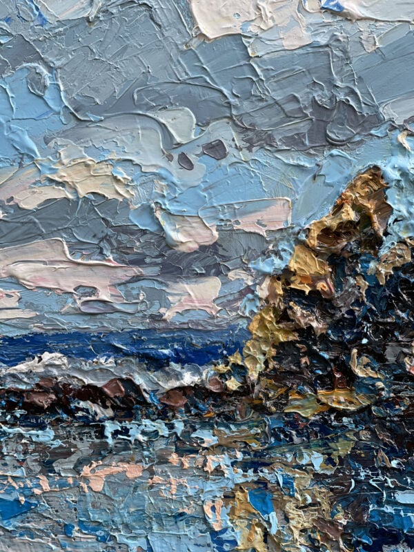 Close-up of seascape oil painting on canvas by Agostino Veroni. Heavy impasto palette knife detail showing dynamic sky clouds, sea waves, and a golden-brown coastal rock stack.