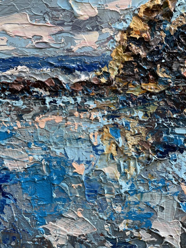 Close-up of seascape oil painting on canvas by Agostino Veroni. Heavy impasto palette knife detail showing vibrant blue water reflections, foam, and dark rocky shoreline.