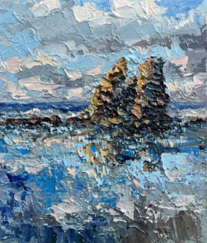 Seascape oil painting on canvas by Agostino Veroni. Impressionist textured marine artwork with heavy palette knife impasto featuring rocky sea stacks, choppy blue waves, and cloudy sky.