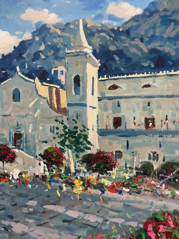 Taormina oil painting detail highlighting the historic church and bell tower in Piazza IX Aprile. Hand-painted in modern impressionist style with thick palette knife impasto and vivid blue sky.