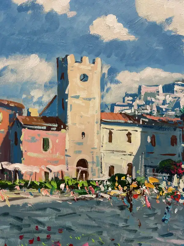 Taormina oil painting detail of the historic Clock Tower in Piazza IX Aprile. Modern impressionist close-up hand-painted with palette knife impasto, warm architectural hues, and vivid blue sky.