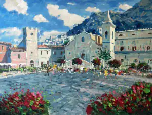 Taormina oil painting on canvas capturing Piazza IX Aprile in a modern impressionist style. Created with palette knife and heavy impasto, featuring bright blue sky, sunny square, and red flowers.