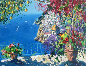 Positano oil painting on canvas of a modern terrace view. Modern impressionist palette knife impasto with lemon yellow, magenta flowers, and deep cobalt blue sea.
