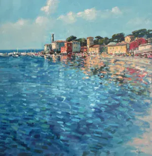Sestri Levante Baia del Silenzio original oil painting on canvas by Agostino Veroni, square composition depicting the Ligurian coastal village, pastel houses, and calm turquoise sea with palette knife impasto texture, signed by the artist.