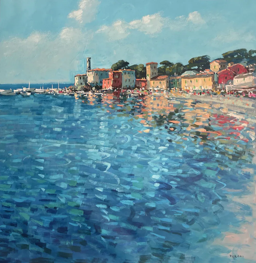 Sestri Levante Baia del Silenzio original oil painting on canvas by Agostino Veroni, square composition depicting the Ligurian coastal village, pastel houses, and calm turquoise sea with palette knife impasto texture, signed by the artist.