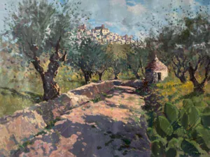 Puglia landscape original oil painting on canvas by Agostino Veroni, horizontal modern impressionist Italian countryside scene hand-painted with palette knife impasto textures, depicting ancient olive trees along a country road, rustic dry stone walls, and a traditional Trullo.