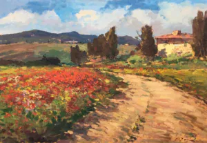 Tuscany poppy field original oil painting on canvas by Agostino Veroni, horizontal impressionist Italian landscape wall art hand-painted with palette knife and heavy impasto brushstrokes. The artwork depicts a sunlit country road winding past blooming red poppies and golden wildflowers toward a rustic Tuscan farmhouse framed by cypress trees and rolling hills under a blue sky.