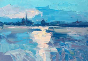 Venice lagoon original oil painting on canvas, horizontal composition featuring distant San Giorgio Maggiore bell tower across turquoise and blue waters with white palette knife impasto reflections.