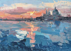Venice Grand Canal original oil painting on canvas, horizontal composition featuring Santa Maria della Salute at sunset with heavy palette knife impasto texture in rich blue, turquoise, pink, and apricot tones, signed by artist in lower corner.
