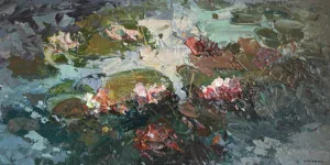 Water lilies oil painting on canvas by Agostino Veroni. Expressive impasto technique with palette knife, showing floating pink blooms, deep emerald greens, and reflective ripples.